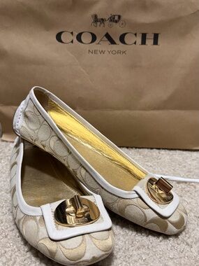 Coach Beige Ivory Logo Ballet Flats with Gold-Tone Accent